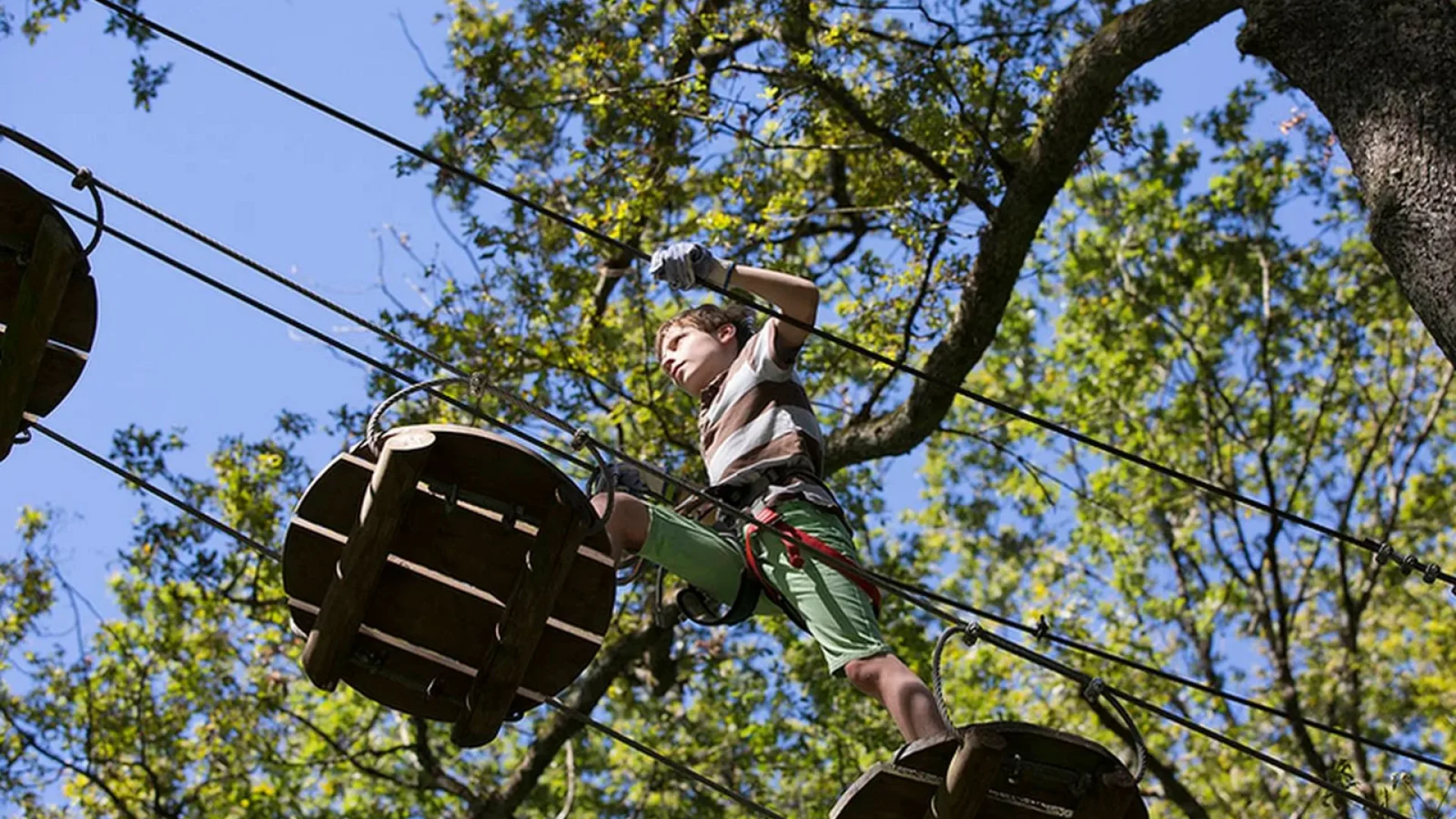 Enfant sur un parcours d'accrobranche dans les arbres