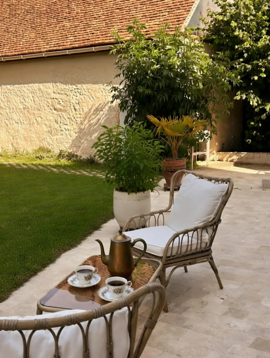 Café au jardin sous le soleil du matin