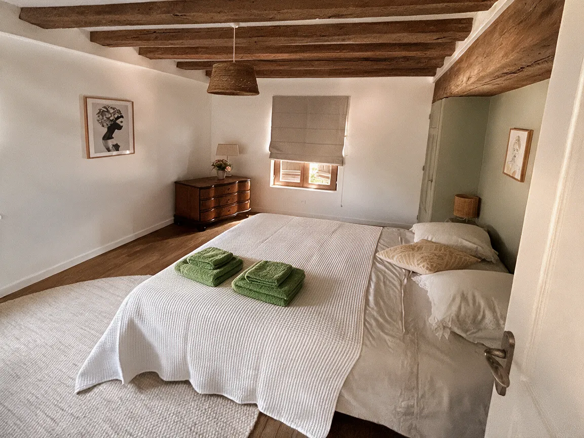 Une chambre, lit fait et serviettes pliées à l'arrivée