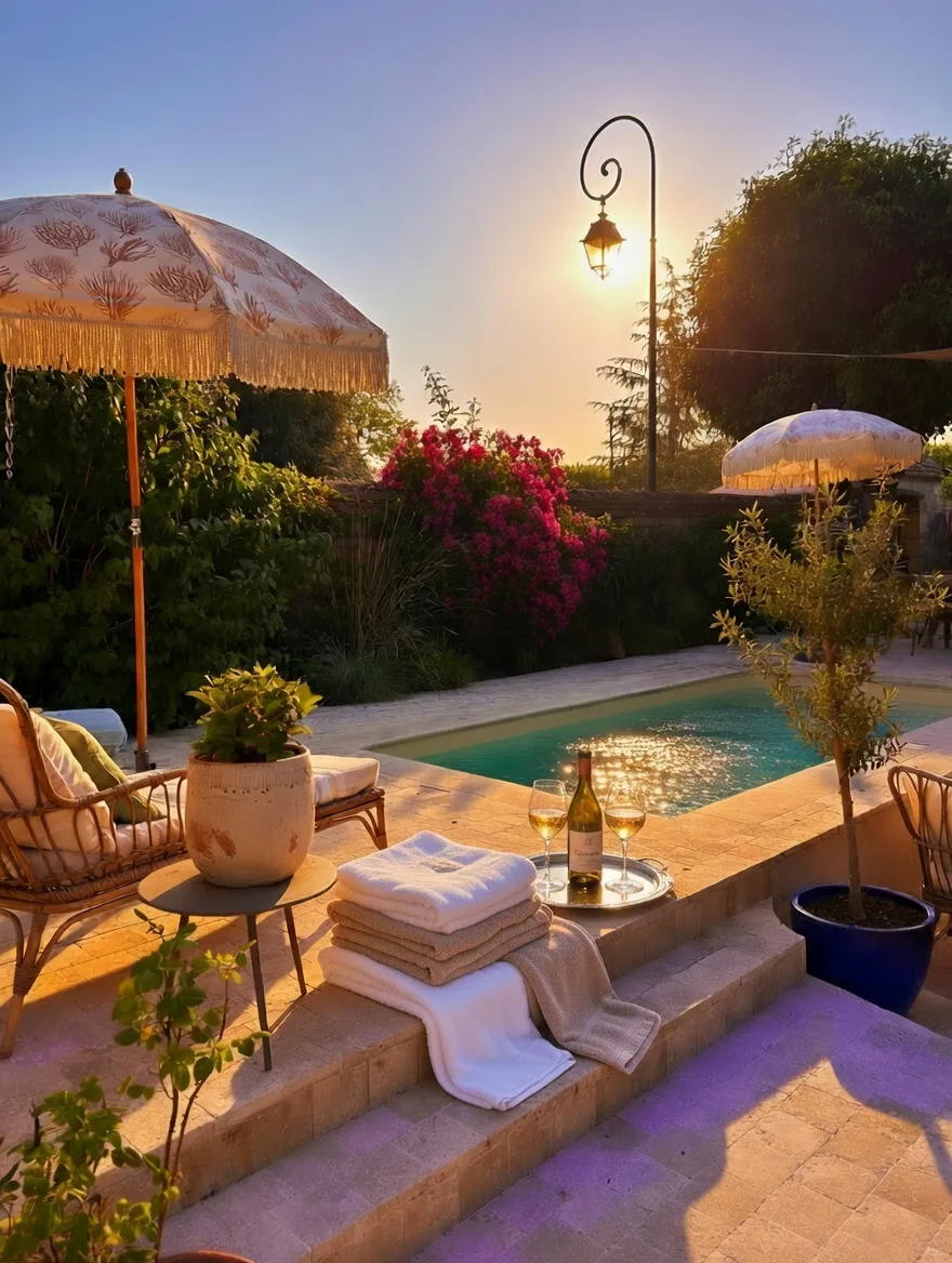 La piscine et la terrasse au coucher du soleil