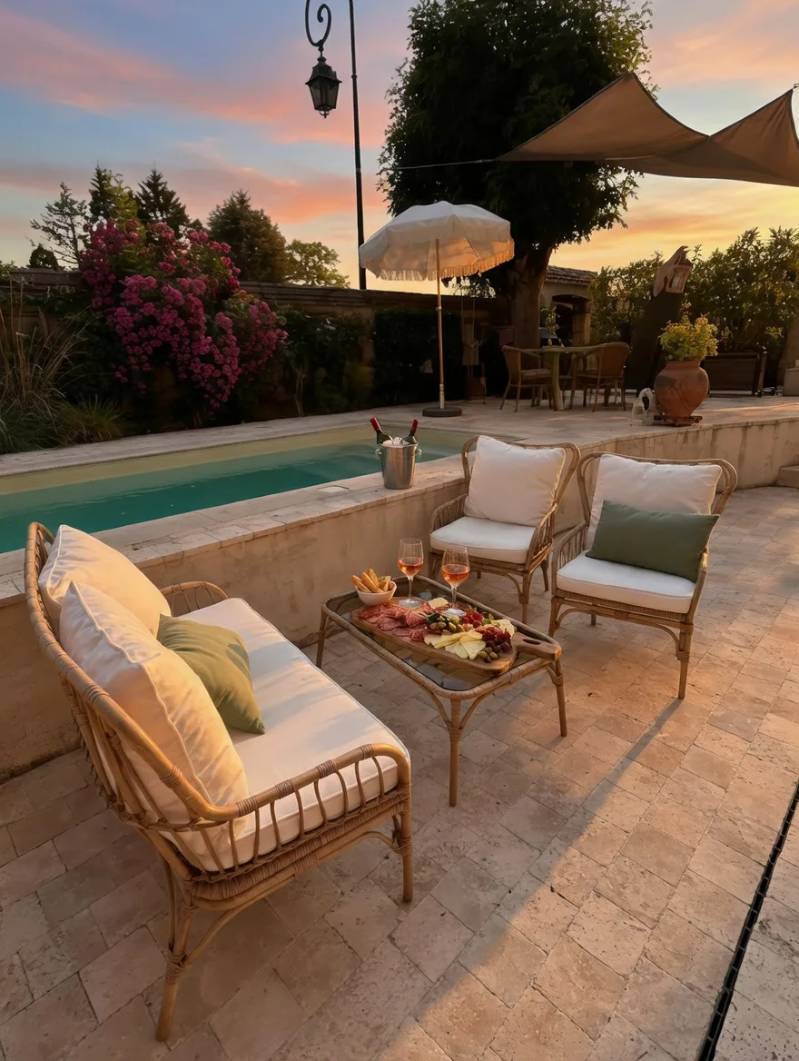 Apéritif au bord de la piscine au coucher du soleil